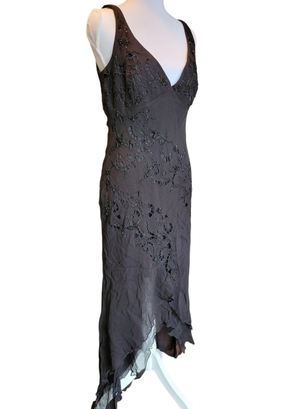 Vtg 90s Y2K Marina 100% Silk Black Beaded Vneck Asymmetrical Hem Evening Dress - Picture 4 of 10